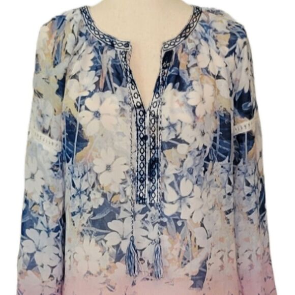 Vintage America Rochelle Blue & Pink Floral Tassil Long Sleeve Chiffon Blouse - Picture 4 of 8
